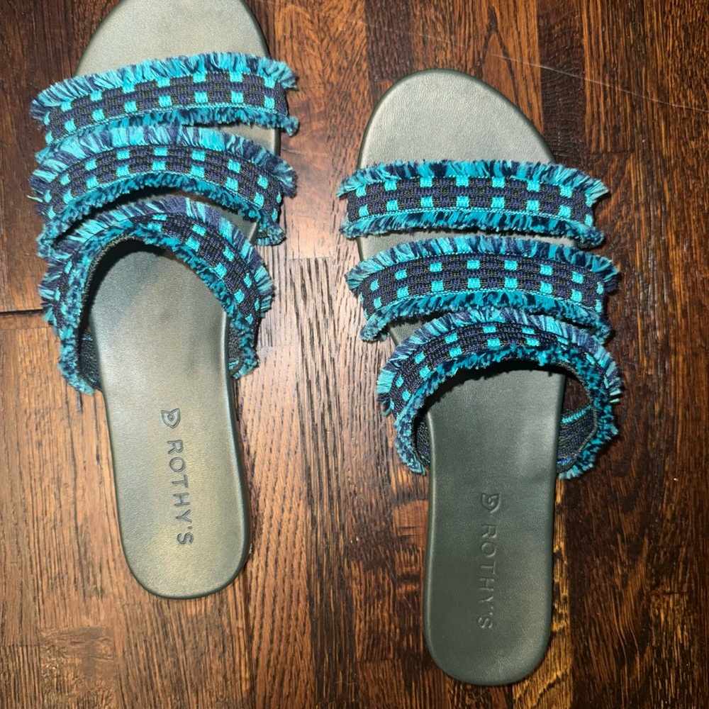 Rothy’s Teal Blue Fringe Triple Band Sandals